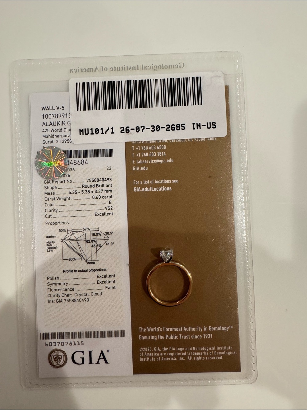 18 k Gold Engagement Ring with 0.60 ct natural Diamond ring- Certified